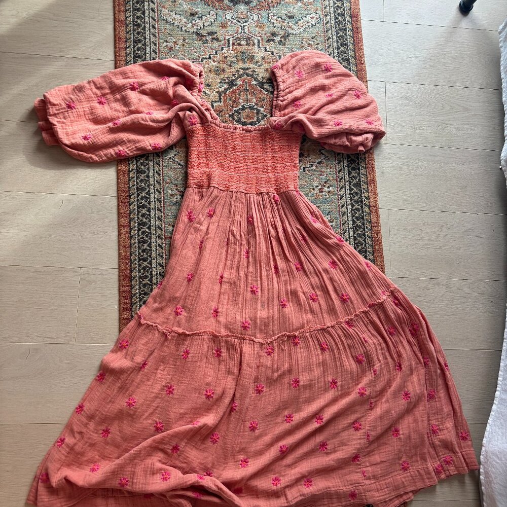 Free People Coral Pink Embroidered Maxi Dress